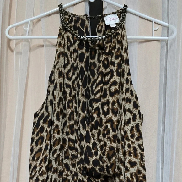 Parker 100% Silk Chain Collar Halter Mini Dress, Black & Tan Leopard Print, EUC! - Picture 3 of 10